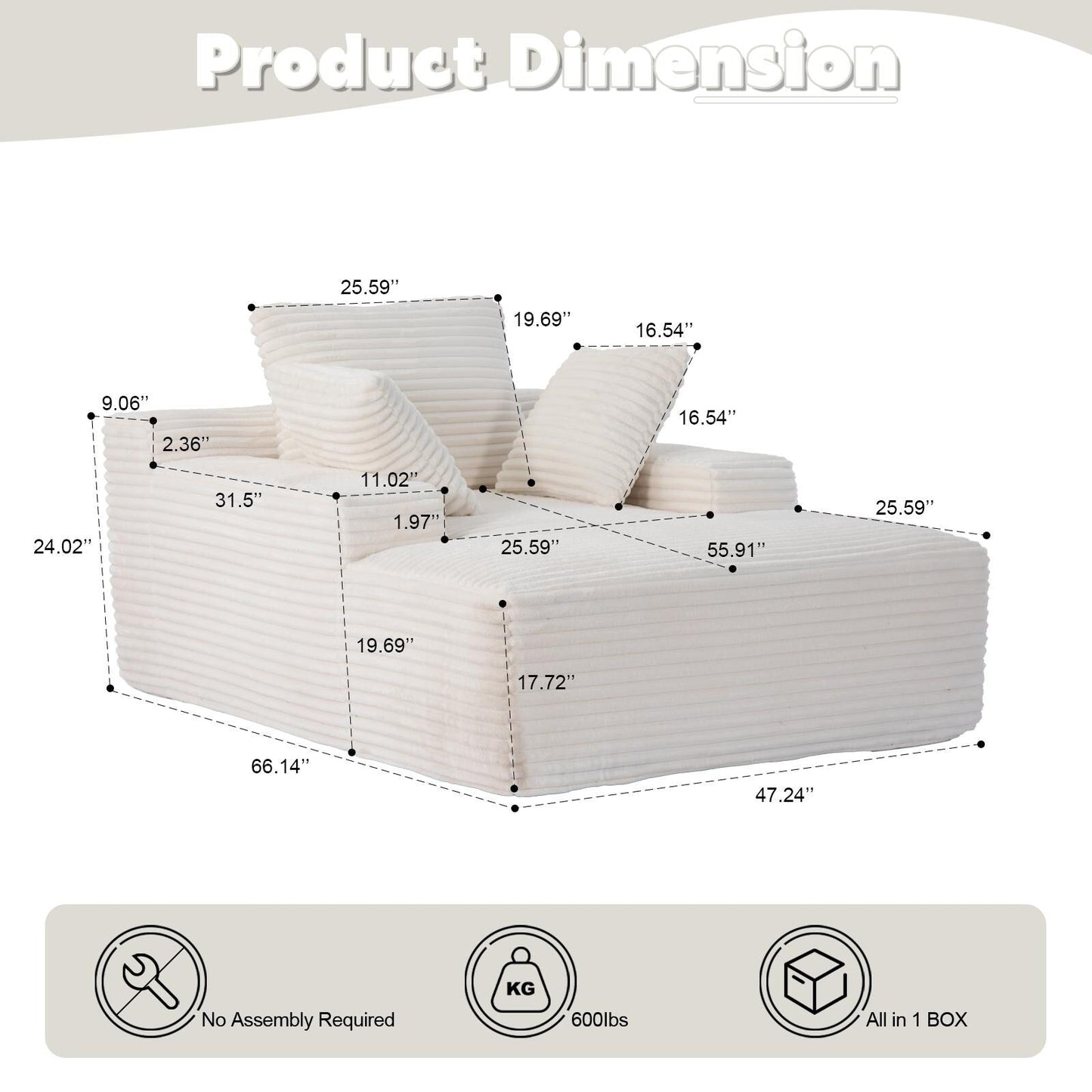 Oversized Chaise Lounge Cloud Couch Plush Corduroy Sleeper Sofa Daybed with Pillows for Living Room No Assembly