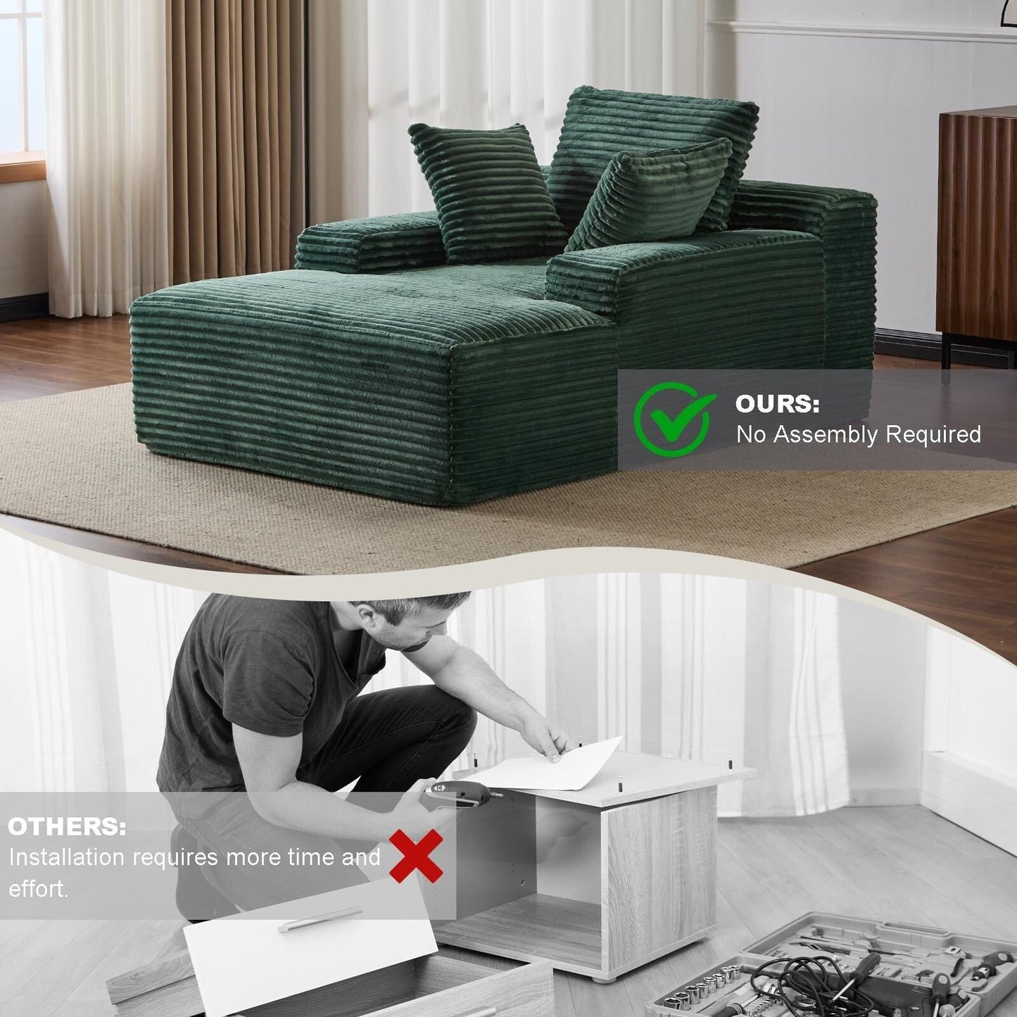 Oversized Chaise Lounge Cloud Couch Plush Corduroy Sleeper Sofa Daybed with Pillows for Living Room No Assembly
