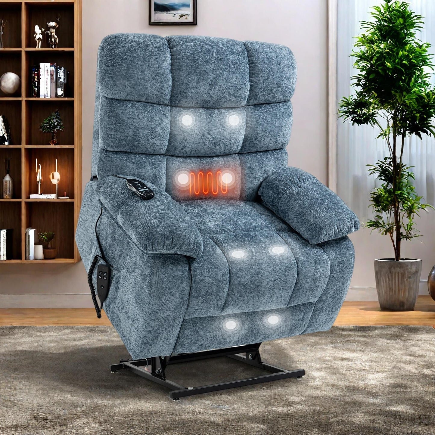 Oversized Chenille Power Lift Recliner Chair with Massage and Lumbar Heating, Charging Port, 180° Lying Flat