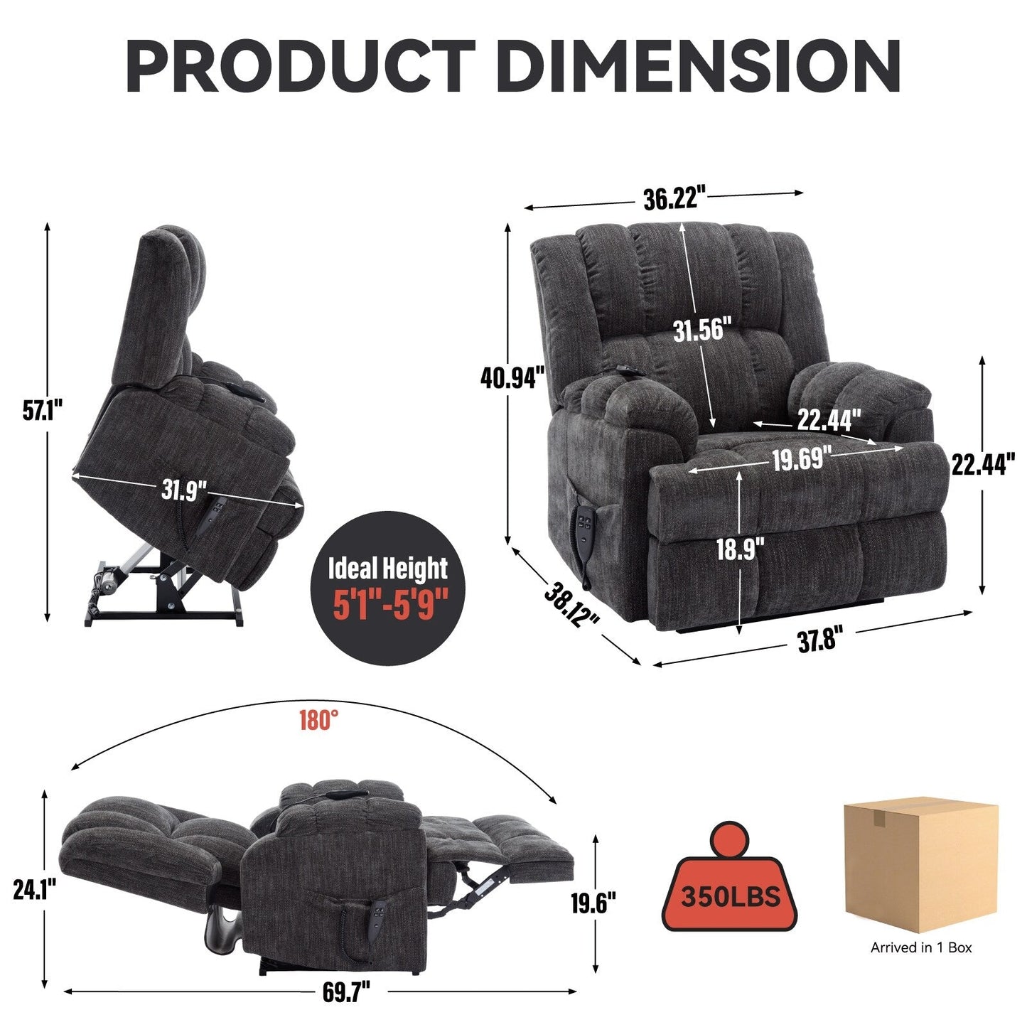 Oversized Chenille Upholstered Power Lift Massage Recliner with Massage, Lumbar Heating, 180° Flat Lay