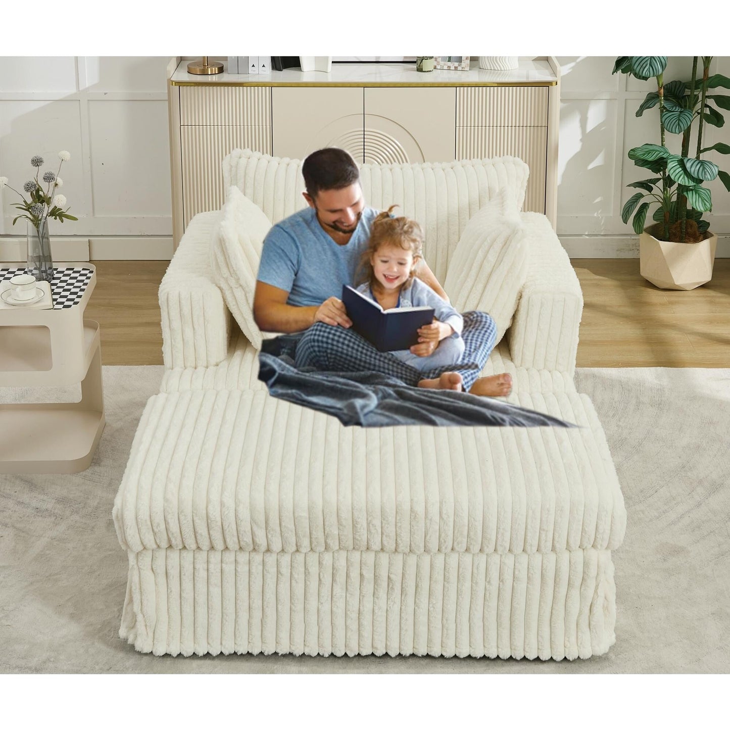 Oversized Corduroy Reclining Chair Deep Seat Armchair Single Thickened Upholstered Sofa with Pillow and Ottoman
