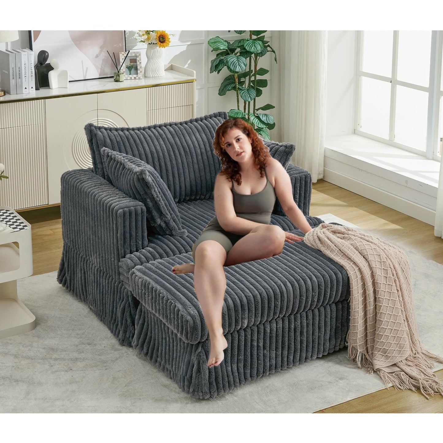Oversized Corduroy Reclining Chair Deep Seat Armchair Single Thickened Upholstered Sofa with Pillow and Ottoman