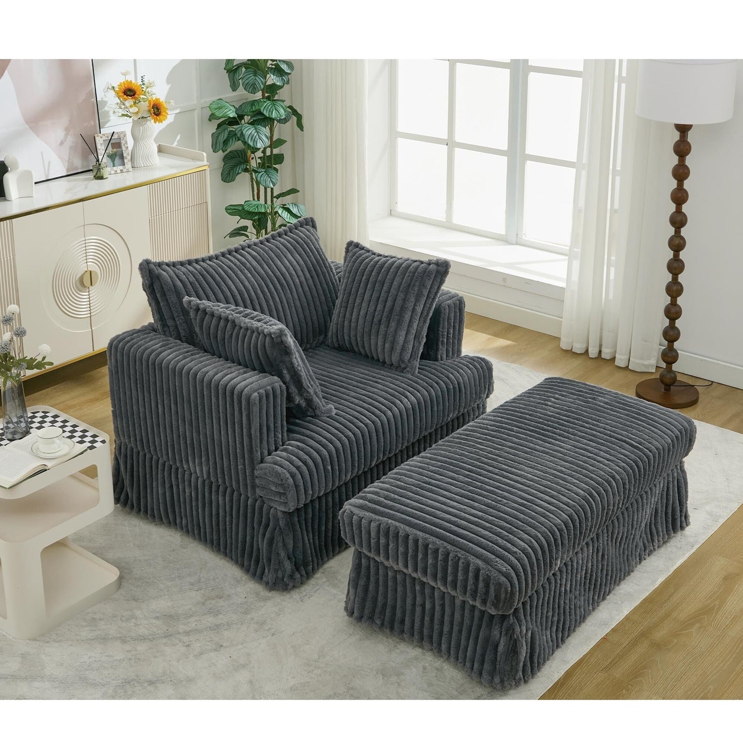 Oversized Corduroy Reclining Chair Deep Seat Armchair Single Thickened Upholstered Sofa with Pillow and Ottoman