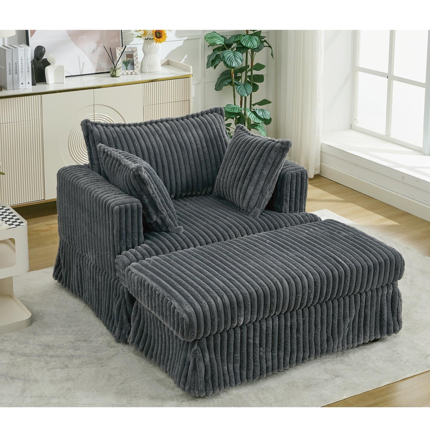 Oversized Corduroy Reclining Chair Deep Seat Armchair Single Thickened Upholstered Sofa with Pillow and Ottoman
