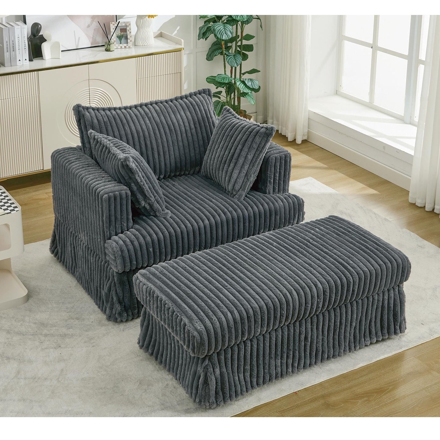 Oversized Corduroy Reclining Chair Deep Seat Armchair Single Thickened Upholstered Sofa with Pillow and Ottoman