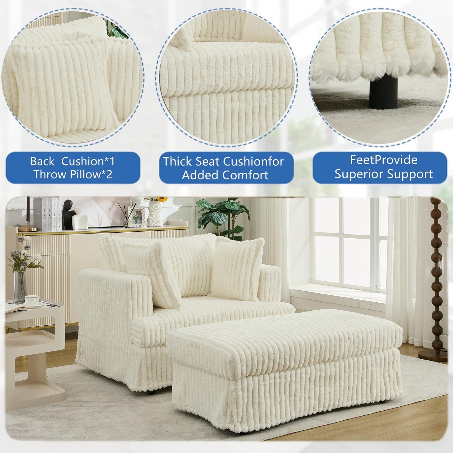 Oversized Corduroy Reclining Chair Deep Seat Armchair Single Thickened Upholstered Sofa with Pillow and Ottoman