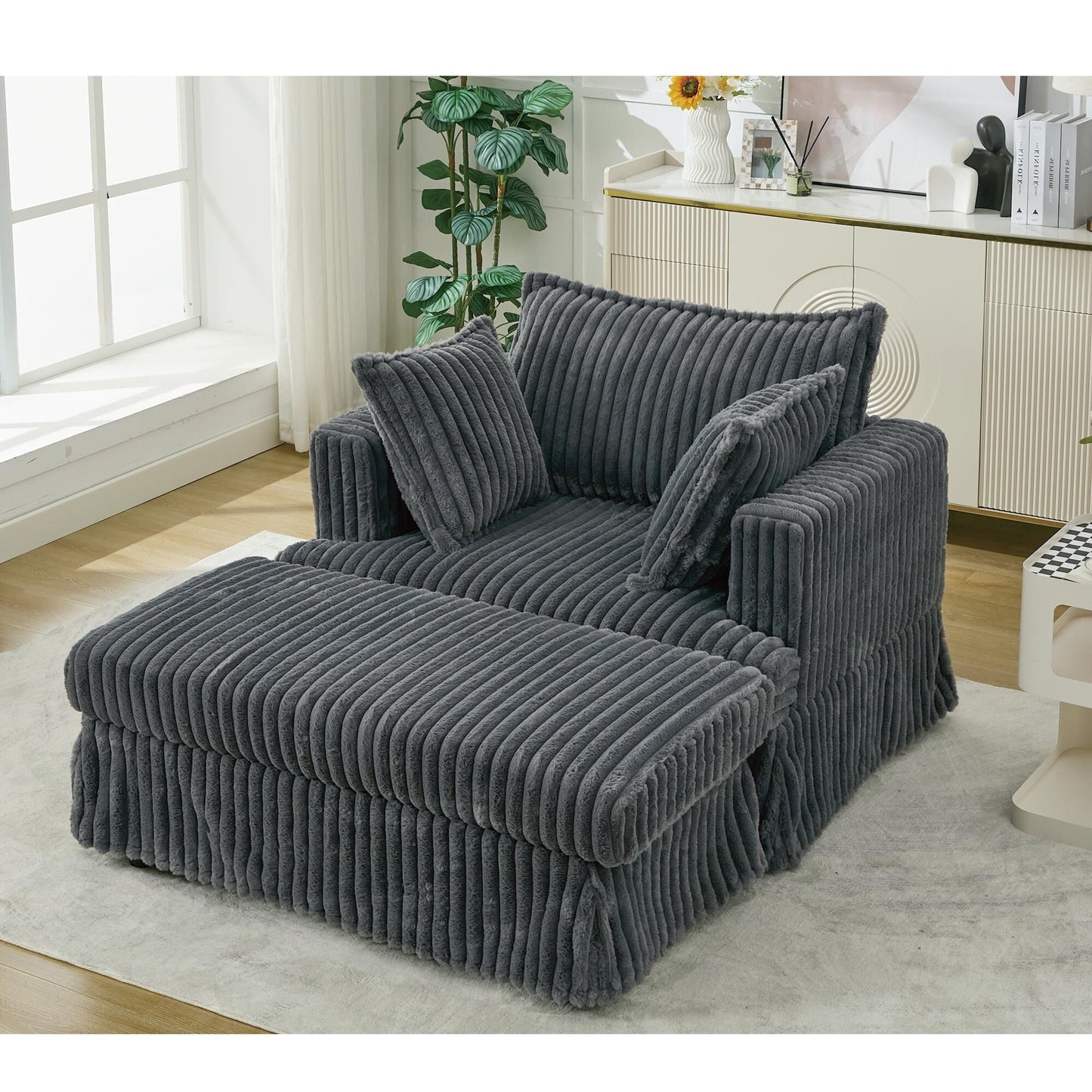 Oversized Corduroy Reclining Chair Deep Seat Armchair Single Thickened Upholstered Sofa with Pillow and Ottoman