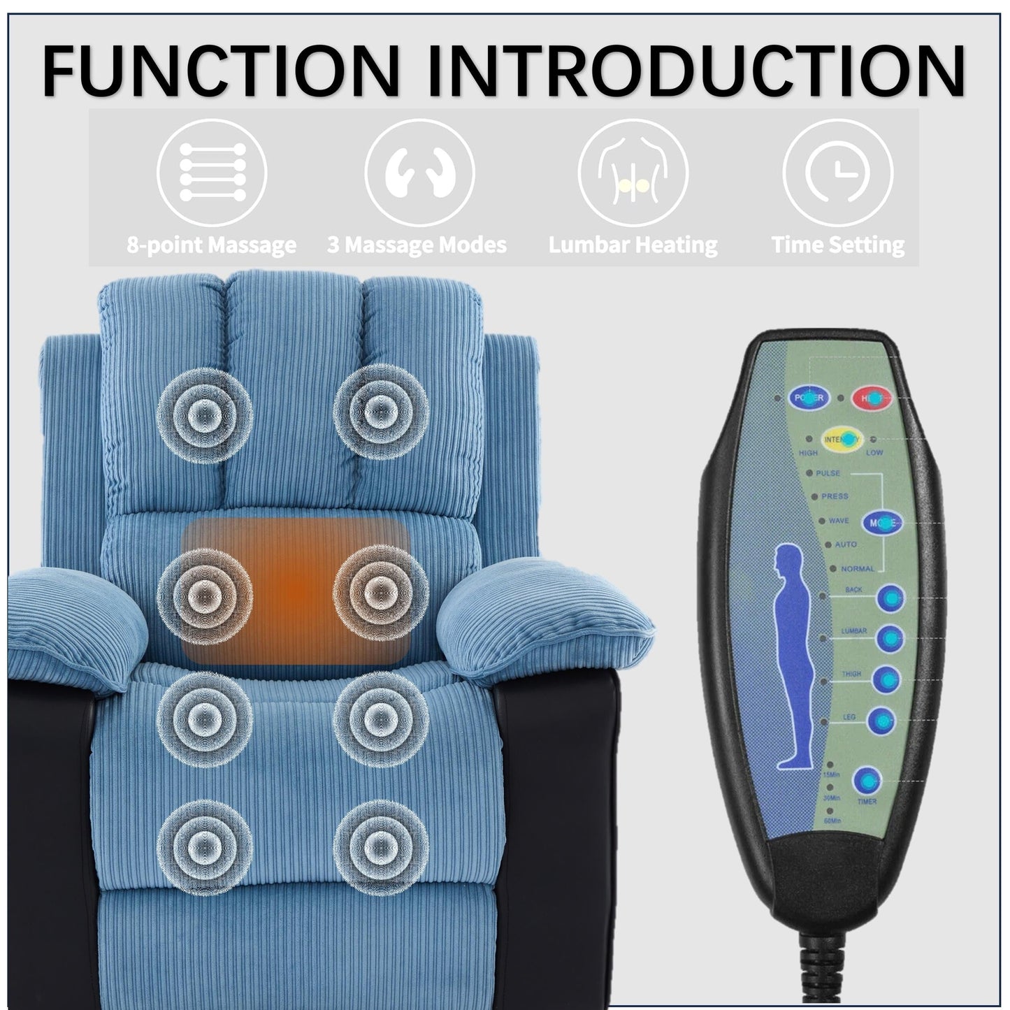 Oversized Corduroy Upholstered Power Lift Recliner with Vibration Massage, Lumbar Heating, Side Pockets