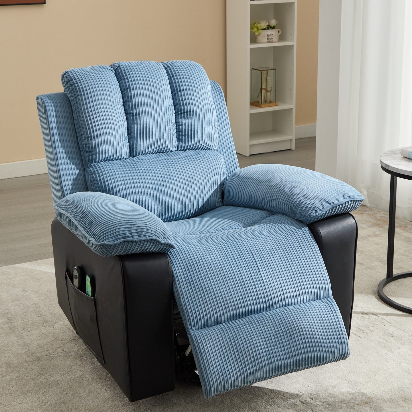 Oversized Corduroy Upholstered Power Lift Recliner with Vibration Massage, Lumbar Heating, Side Pockets