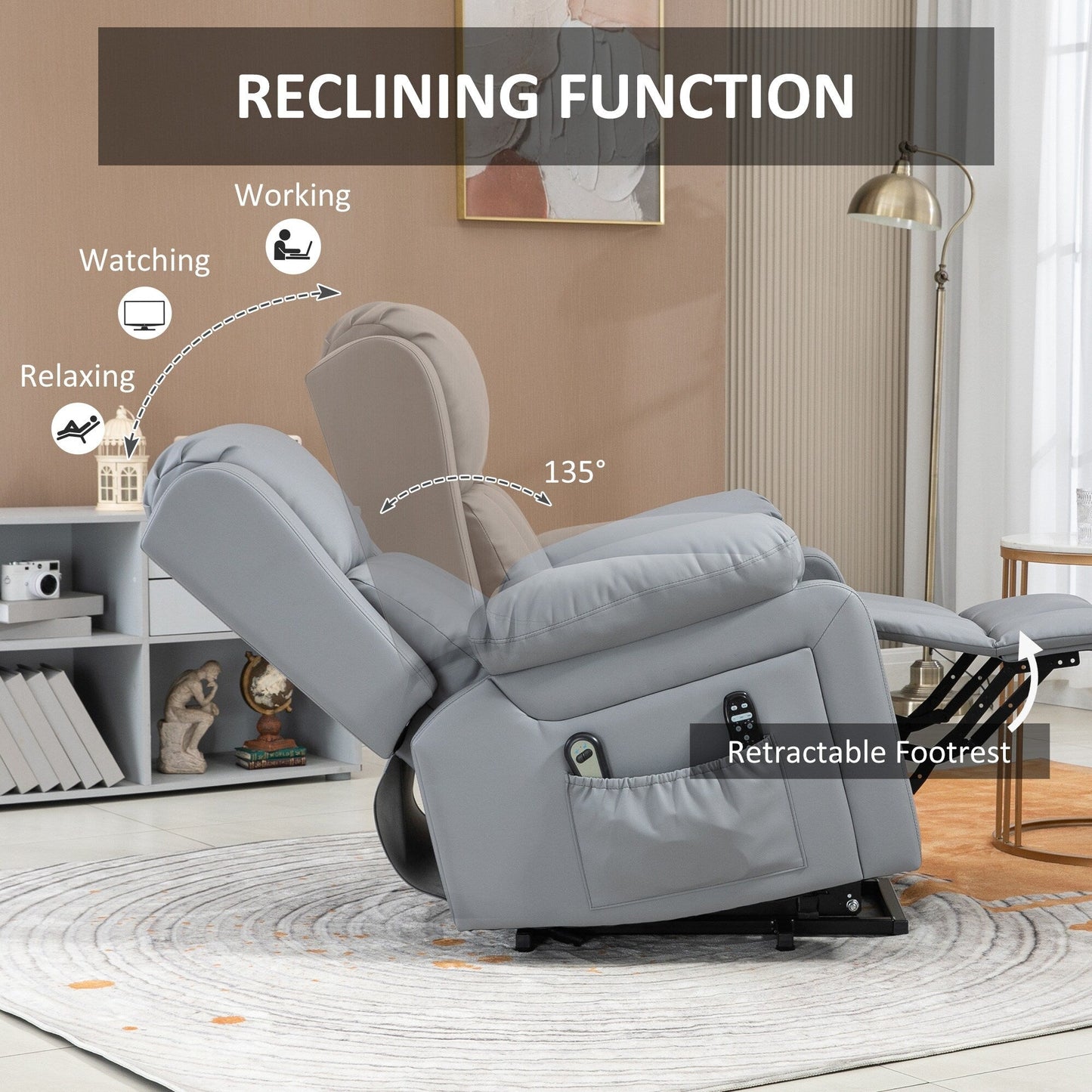 Oversized Electric Lift Recliner with Vibration Massage, Lumbar Heat, Remote Control, and Convenient Side Storage