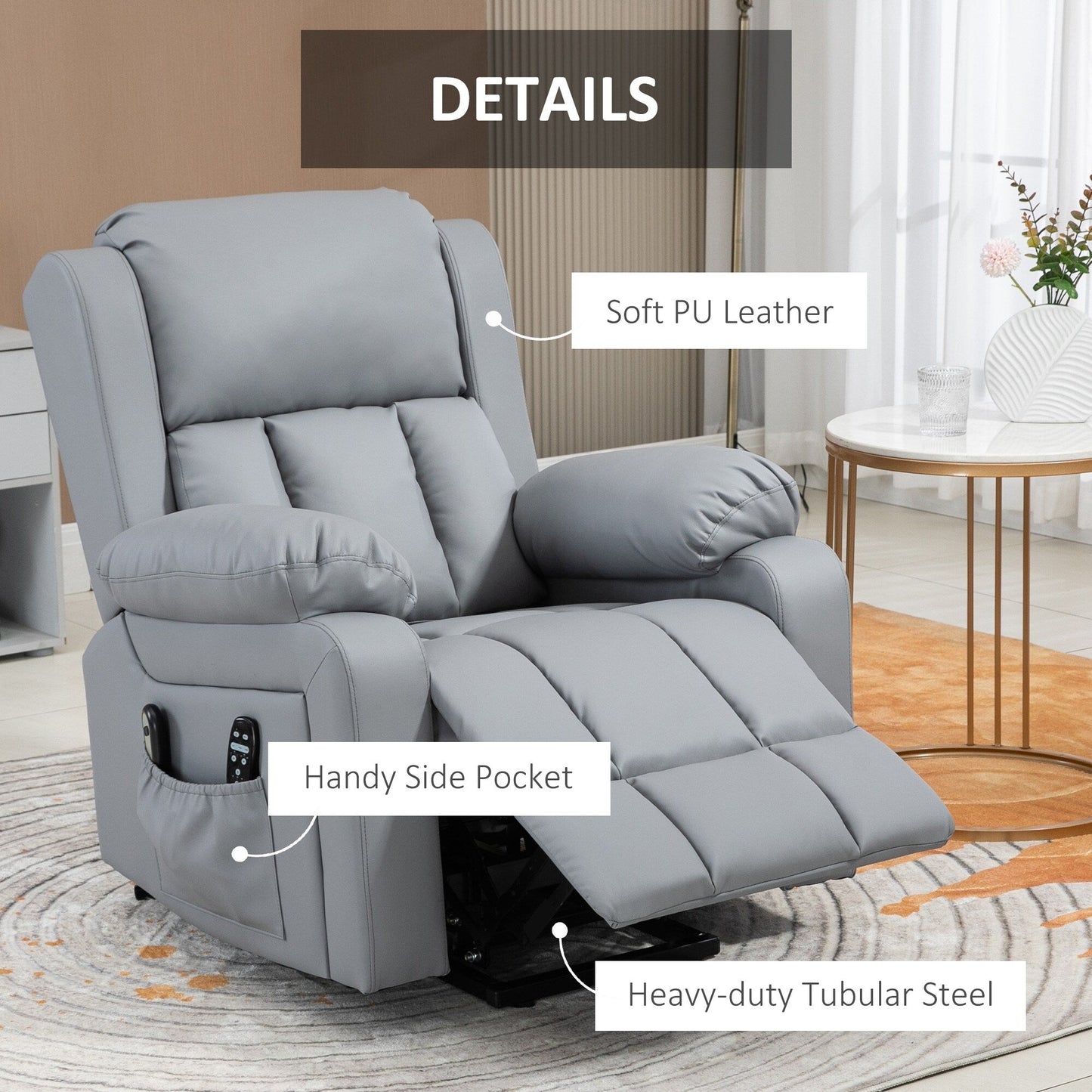 Oversized Electric Lift Recliner with Vibration Massage, Lumbar Heat, Remote Control, and Convenient Side Storage