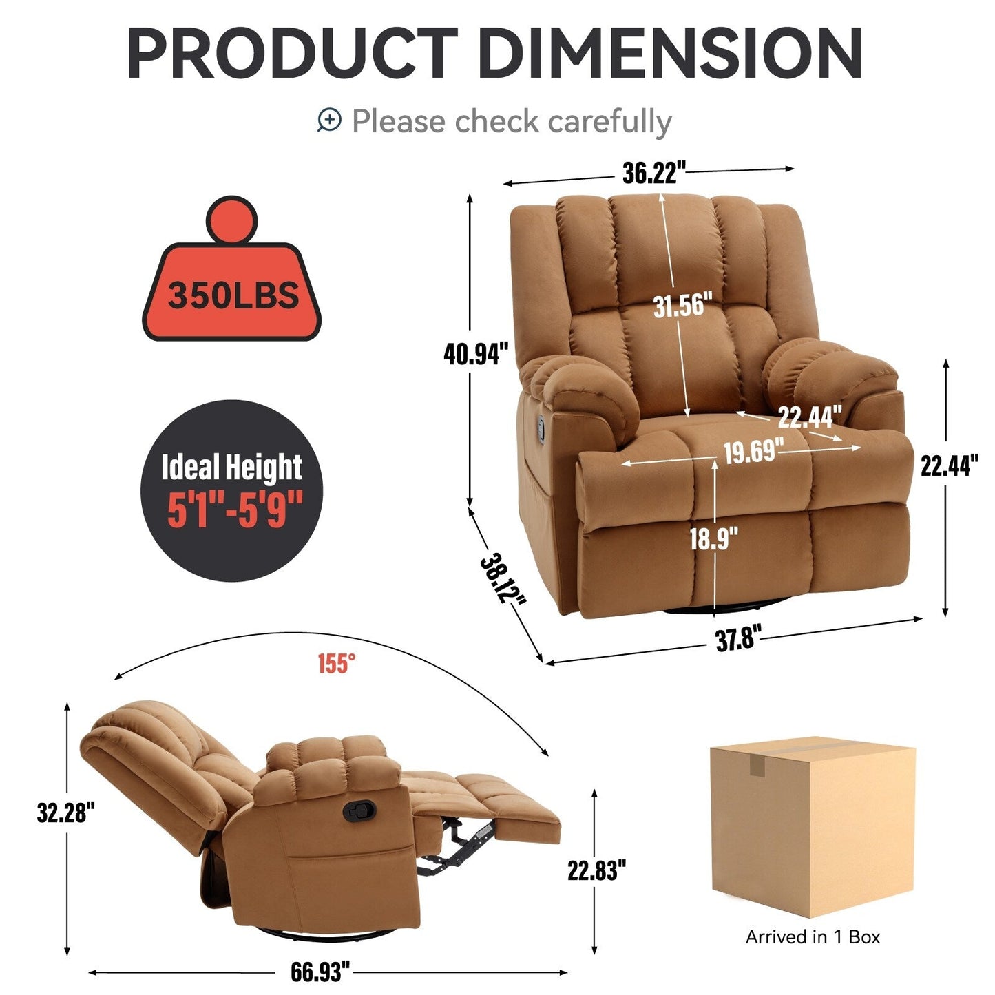 Oversized Fabric Recliner Chair with 360° Swivel and Rocking Function, Manual Control for Maximum Comfort