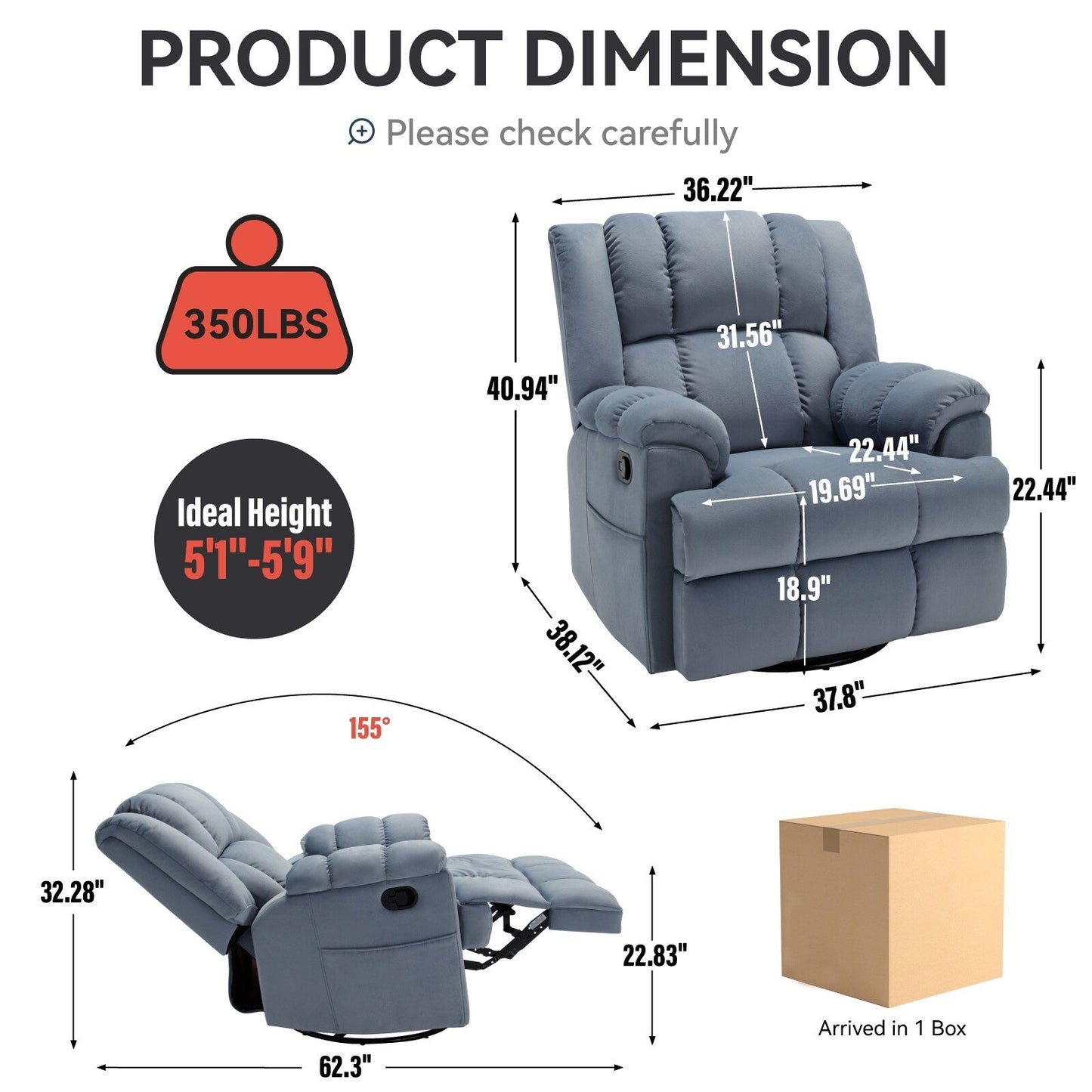 Oversized Fabric Recliner Chair with 360° Swivel and Rocking Function, Manual Control for Maximum Comfort