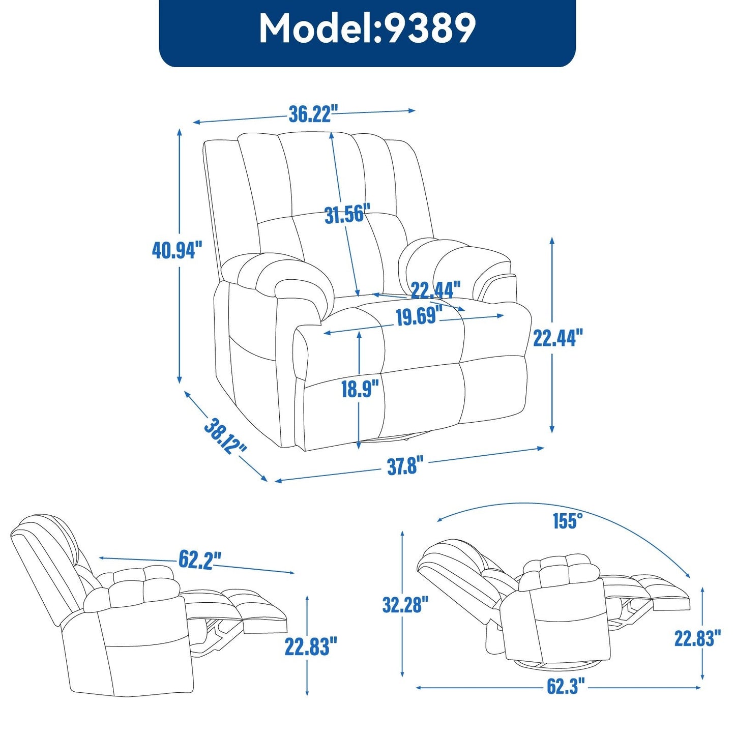 Oversized Fabric Recliner Chair with 360° Swivel and Rocking Function, Manual Control for Maximum Comfort