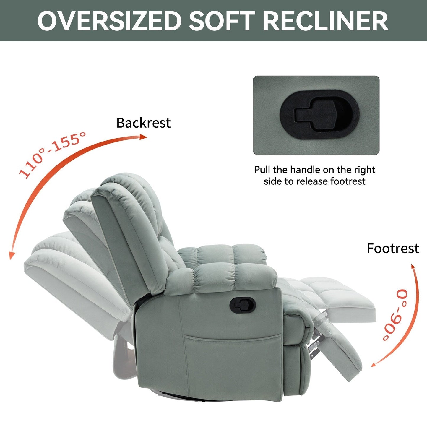 Oversized Fabric Recliner Chair with 360° Swivel and Rocking Function, Manual Control for Maximum Comfort