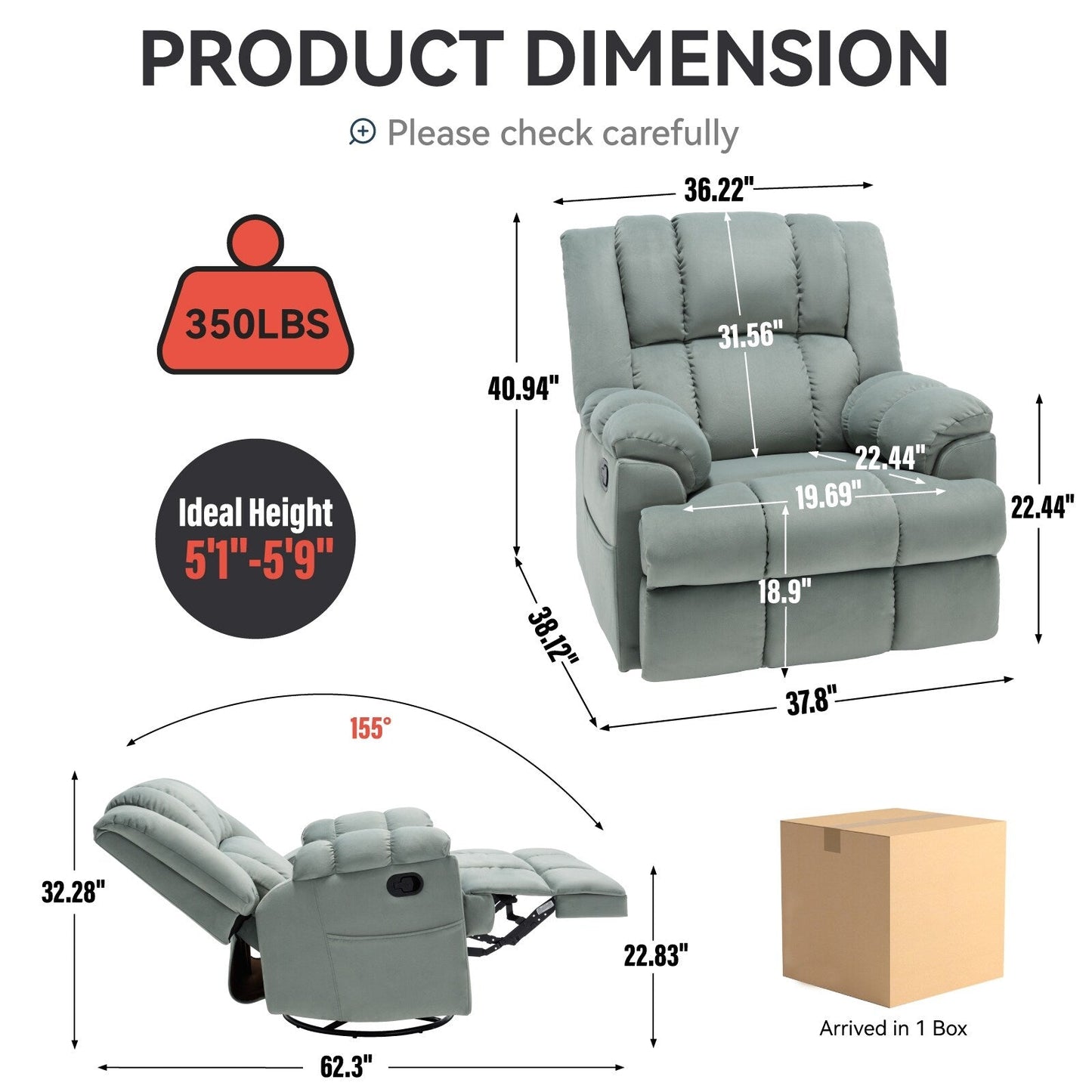 Oversized Fabric Recliner Chair with 360° Swivel and Rocking Function, Manual Control for Maximum Comfort