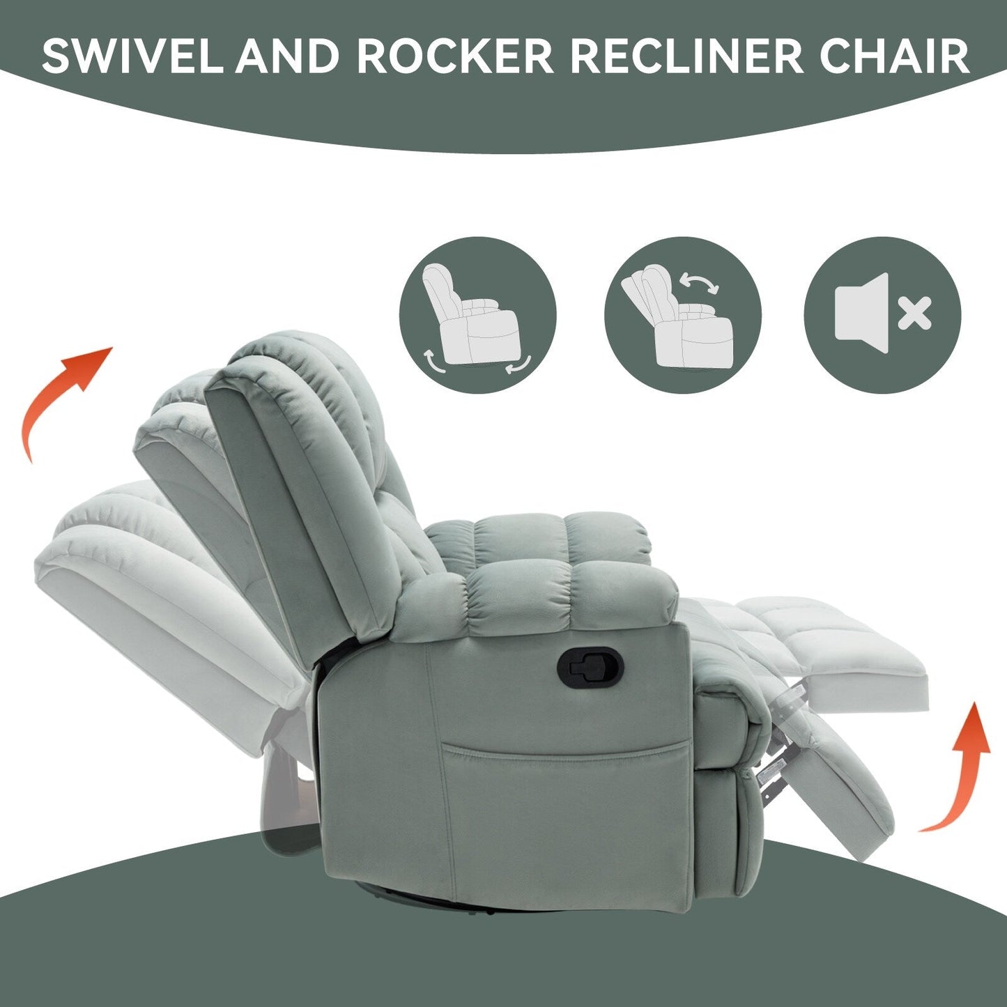 Oversized Fabric Recliner Chair with 360° Swivel and Rocking Function, Manual Control for Maximum Comfort