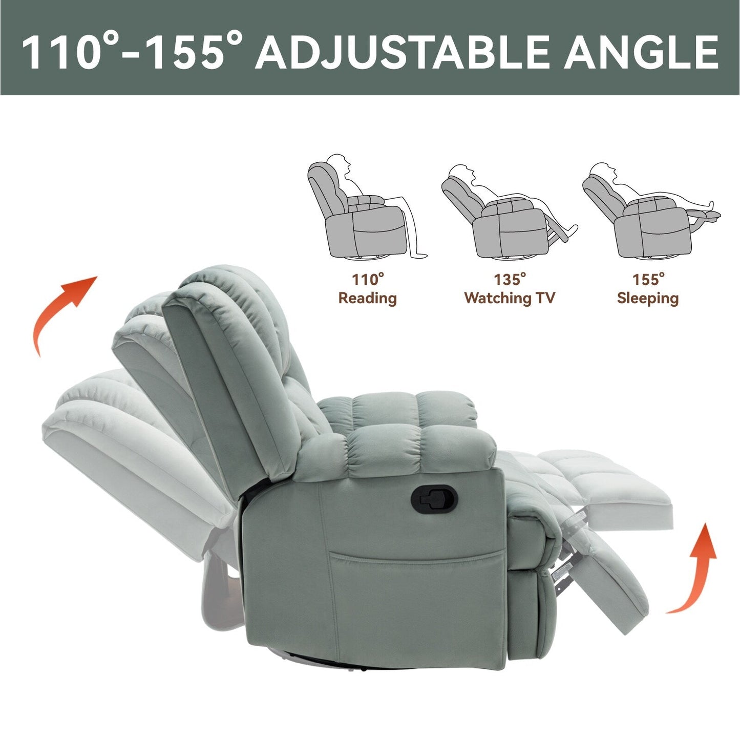 Oversized Fabric Recliner Chair with 360° Swivel and Rocking Function, Manual Control for Maximum Comfort