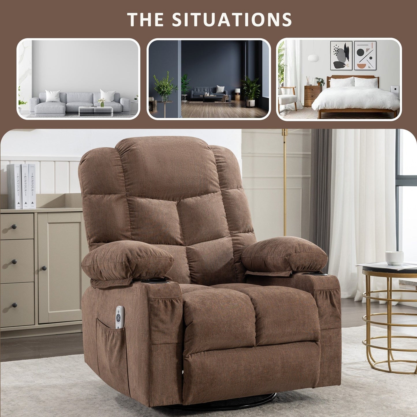 Oversized Massage Heat Recliner Chair Manual Rocking Chair with 2 Cup Holders and USB Charge Port Side Pockets