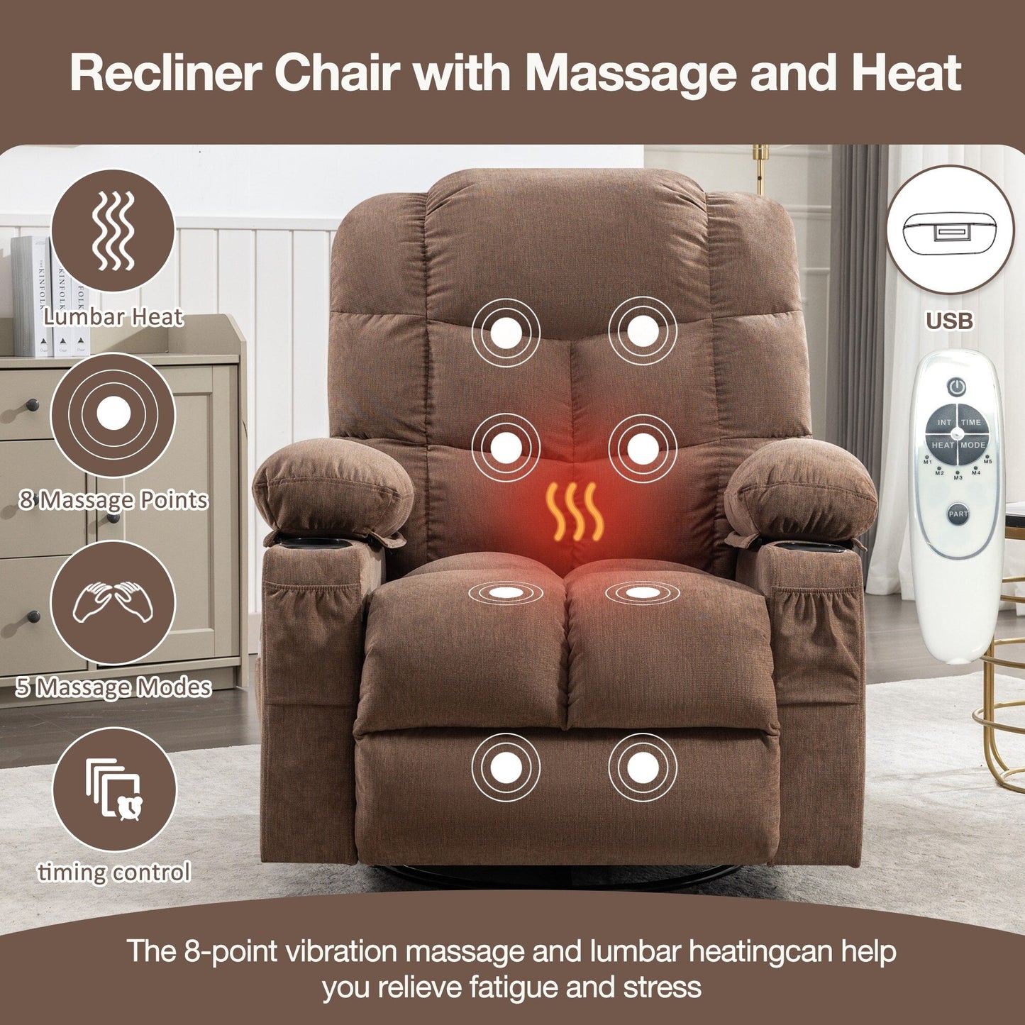 Oversized Massage Heat Recliner Chair Manual Rocking Chair with 2 Cup Holders and USB Charge Port Side Pockets