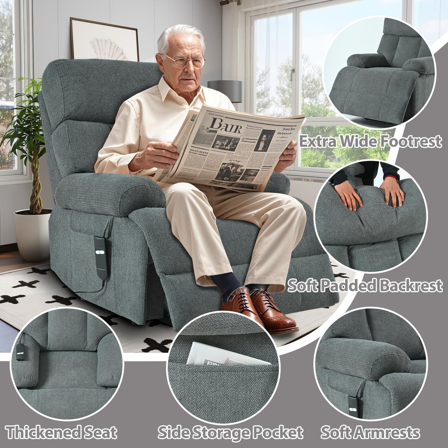 Oversized Power Lift Recliner Chair For Elderly,Reclining Sofa Chair With Remote Control,Side Pocket,Spacious Seat