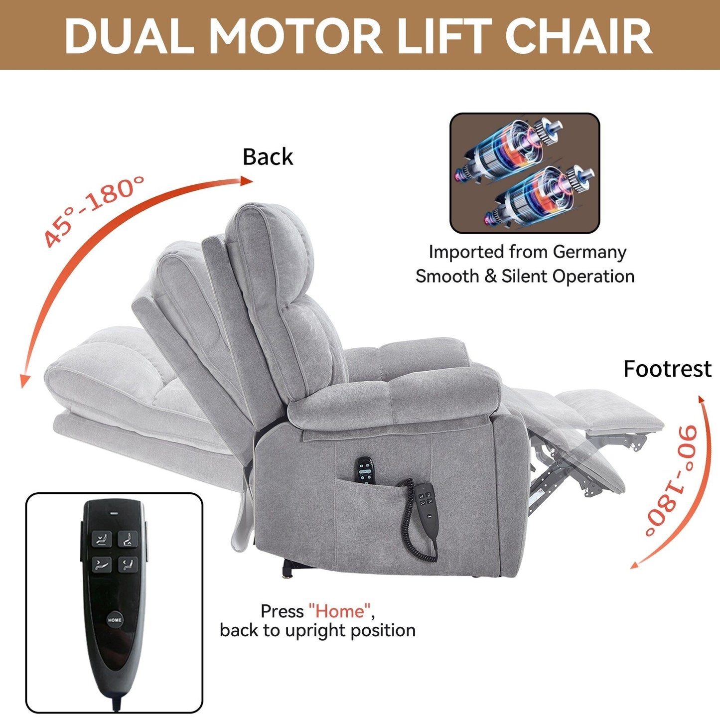 Oversized Power Lift Recliner with Dual Motors, Heat & Massage Functions, Infinite Position Recline, Hidden Cup Holders