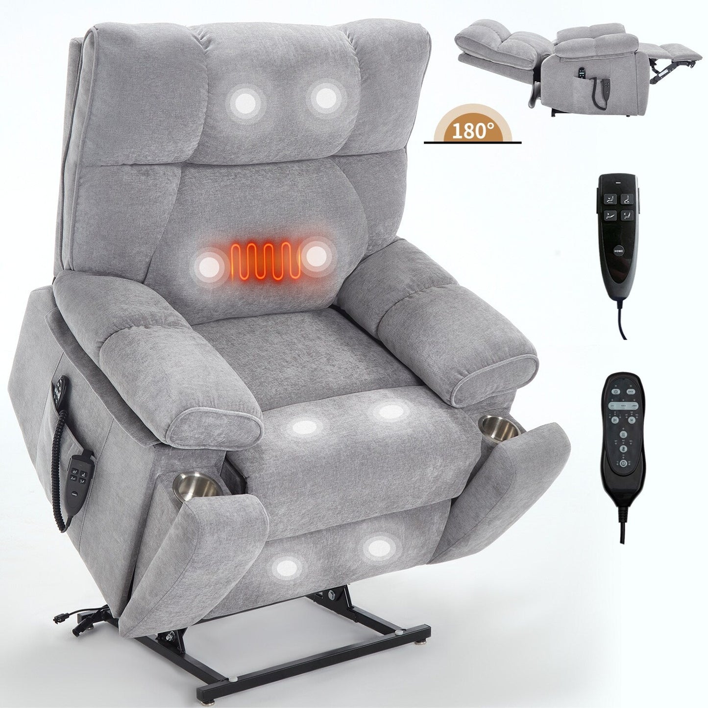 Oversized Power Lift Recliner with Dual Motors, Heat & Massage Functions, Infinite Position Recline, Hidden Cup Holders