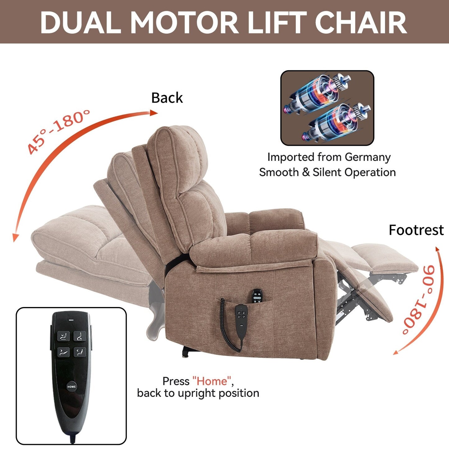 Oversized Power Lift Recliner with Dual Motors, Heat & Massage Functions, Infinite Position Recline, Hidden Cup Holders