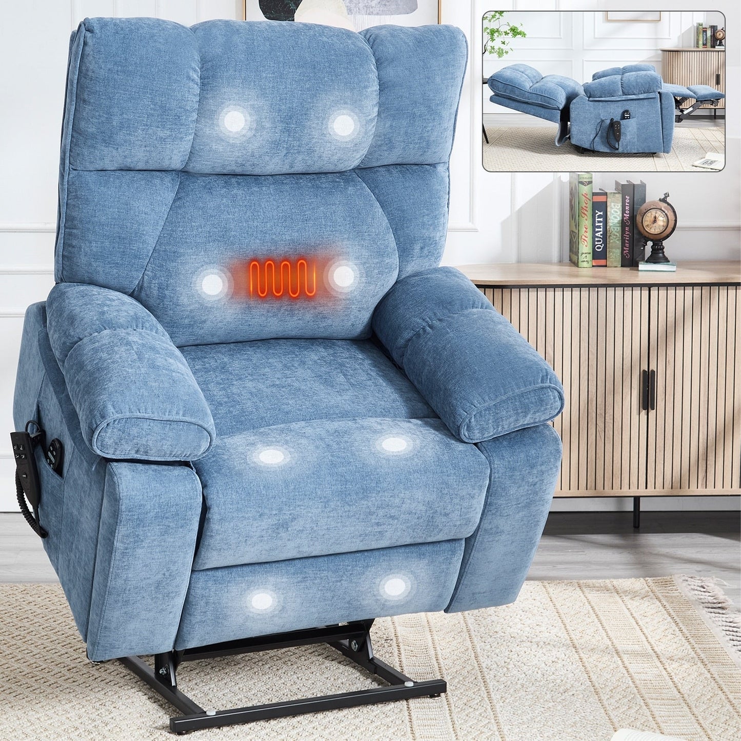 Oversized Power Lift Recliner with Dual Motors, Heat & Massage Functions, Infinite Position Recline, Hidden Cup Holders