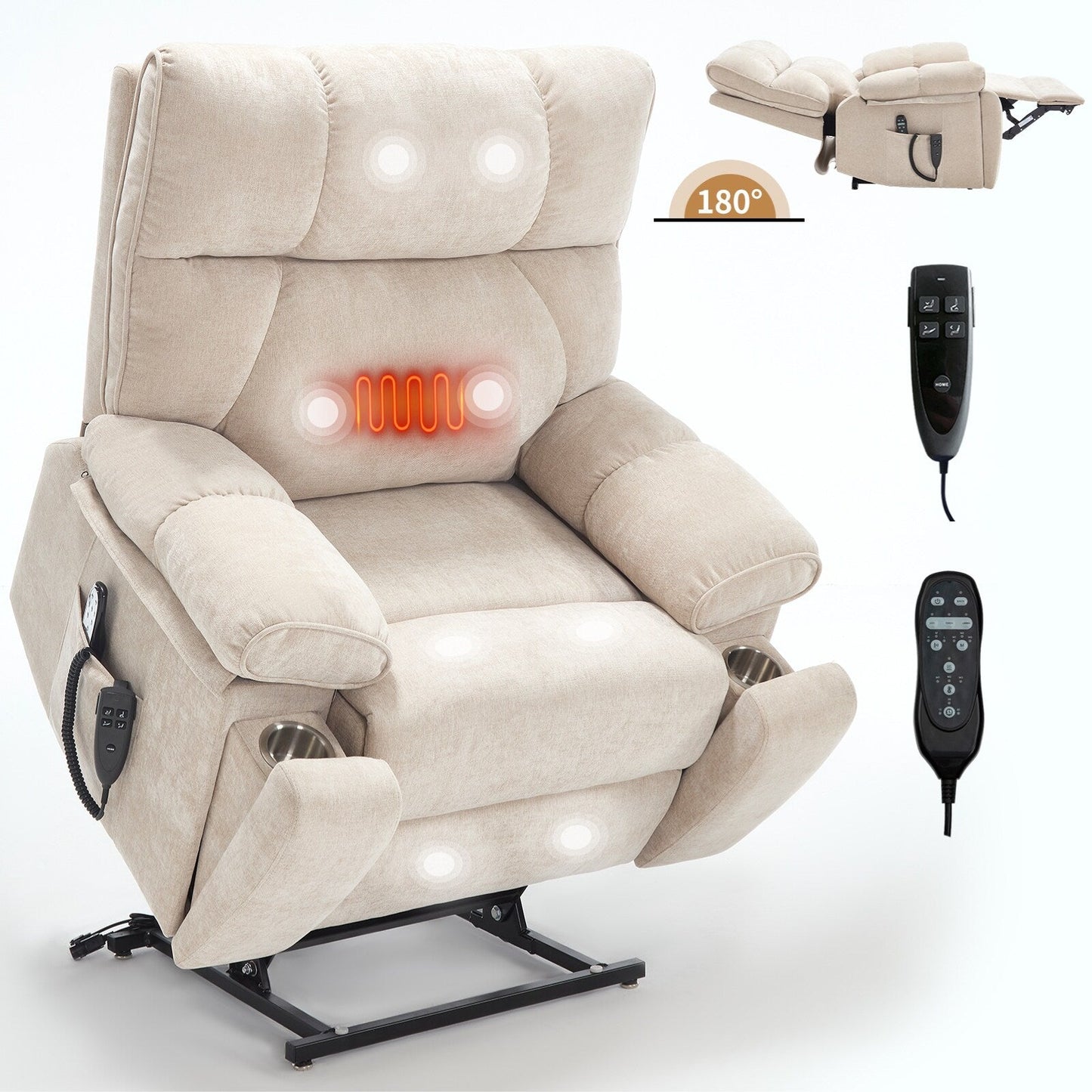 Oversized Power Lift Recliner with Dual Motors, Heat & Massage Functions, Infinite Position Recline, Hidden Cup Holders