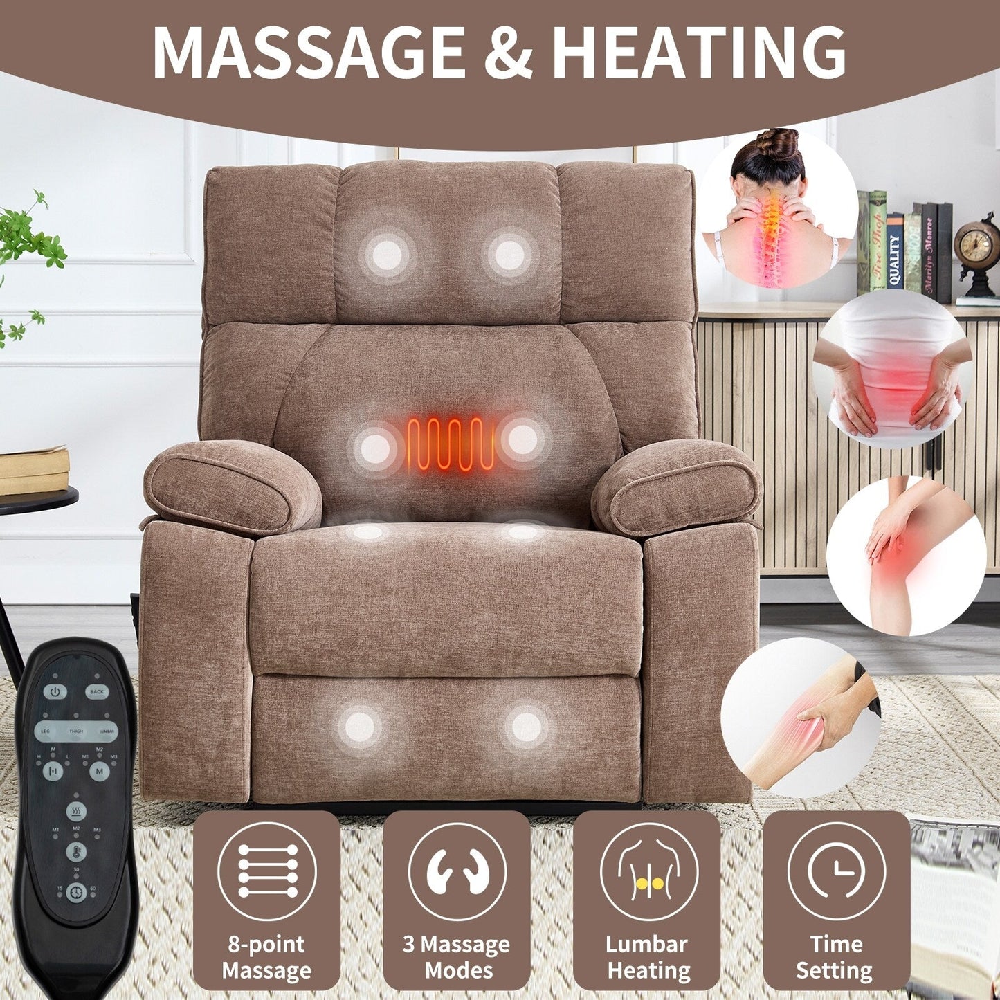 Oversized Power Lift Recliner with Dual Motors, Heat & Massage Functions, Infinite Position Recline, Hidden Cup Holders