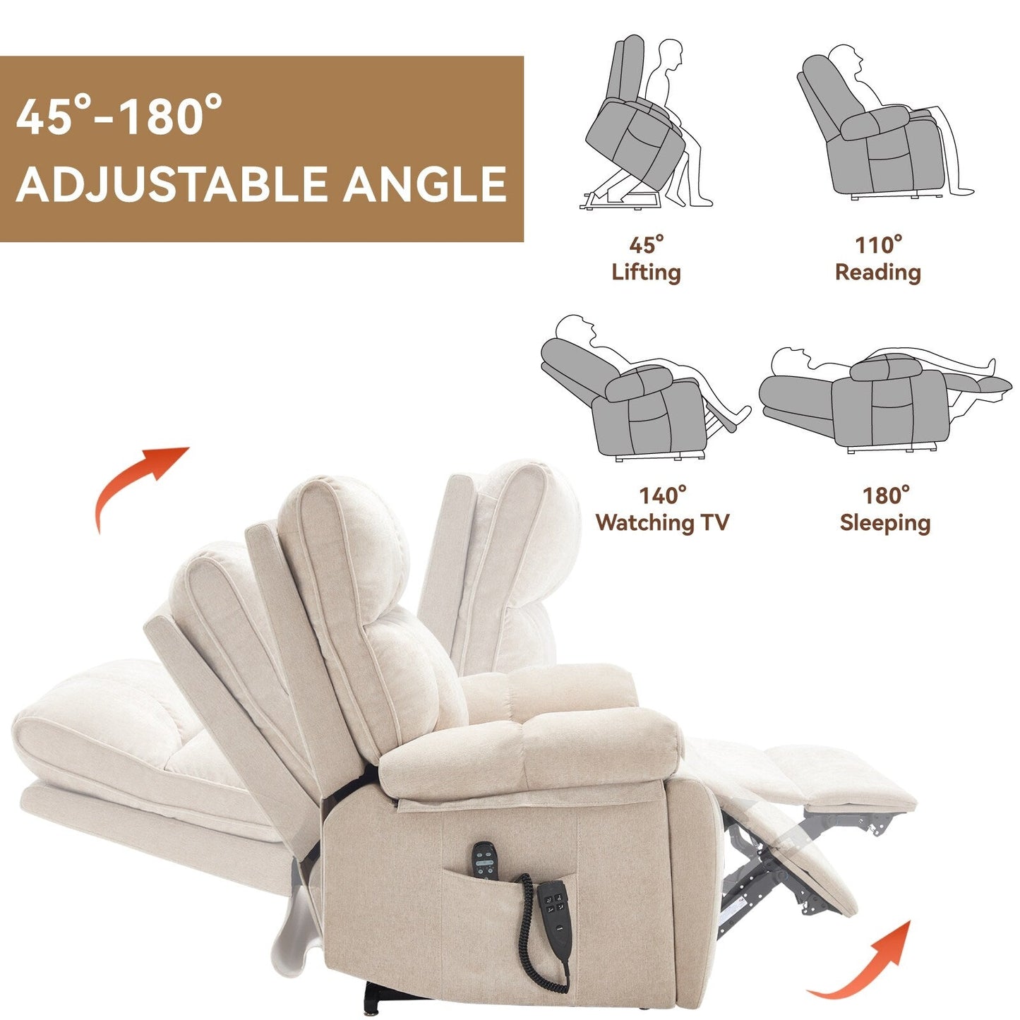 Oversized Power Lift Recliner with Dual Motors, Heat & Massage Functions, Infinite Position Recline, Hidden Cup Holders