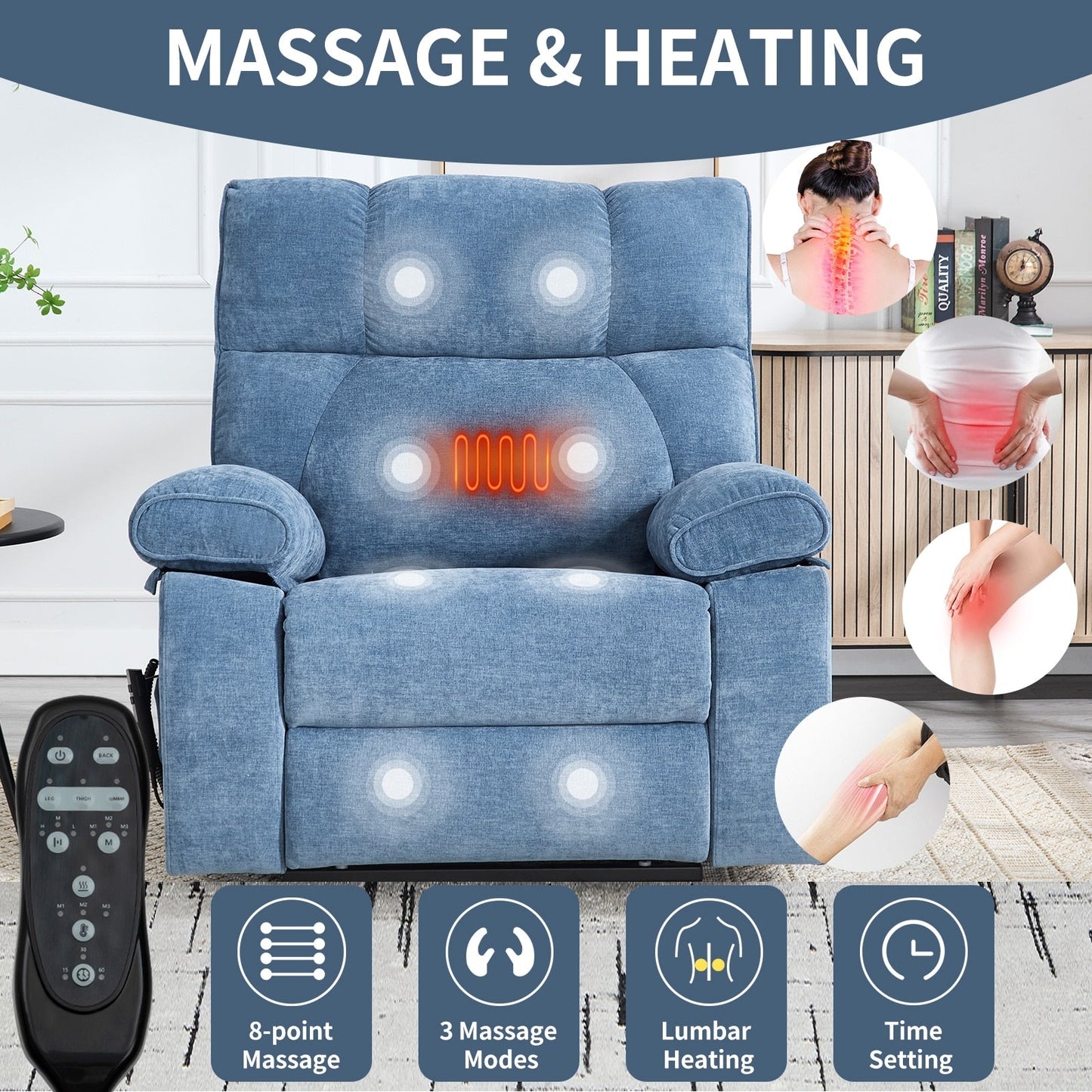 Oversized Power Lift Recliner with Dual Motors, Heat & Massage Functions, Infinite Position Recline, Hidden Cup Holders