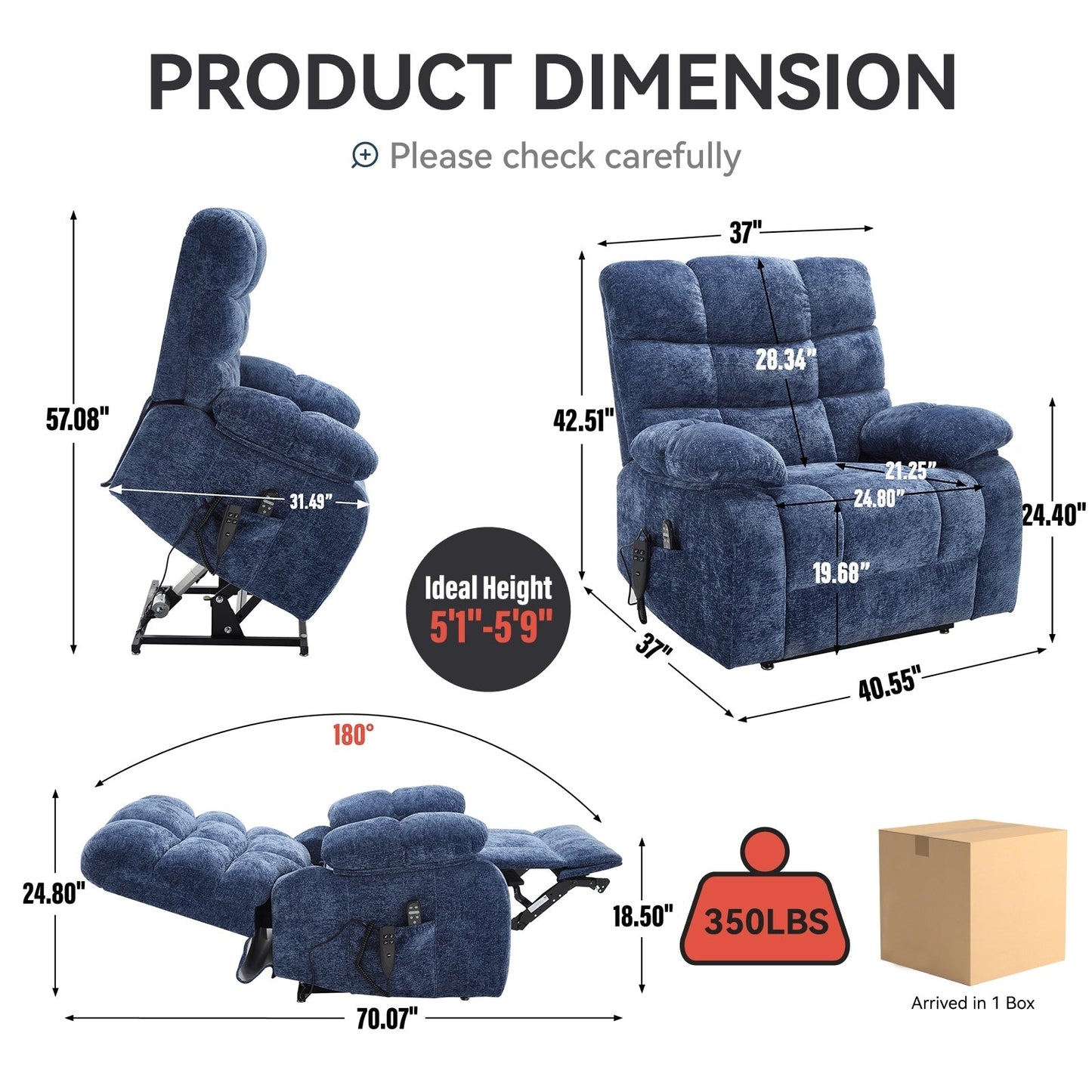 Oversized Power Lift Recliner with Dual Motors, Heat & Massage, Infinite Recline (350LBS Capacity), Remote Control