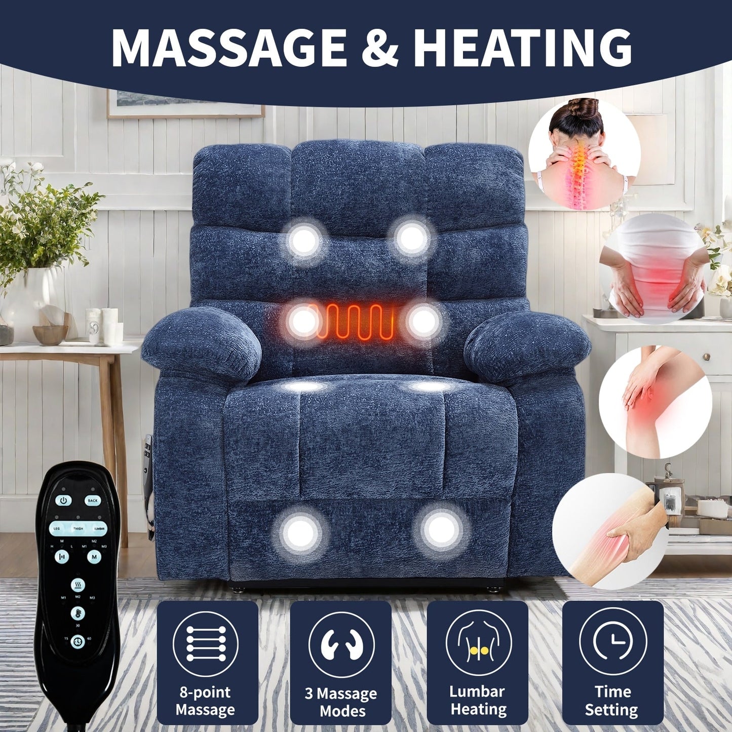 Oversized Power Lift Recliner with Dual Motors, Heat & Massage, Infinite Recline (350LBS Capacity), Remote Control