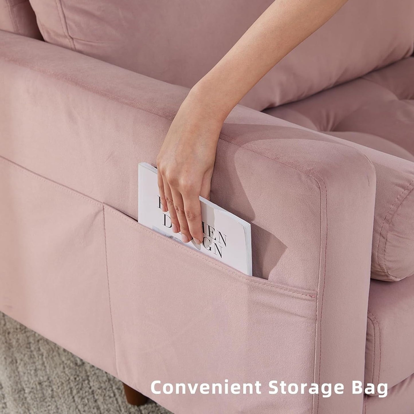 Pink Modern Fabric 74'' Sofa Couch, 3-Seater with Storage Pockets, High-Density Foam Cushions, and Wooden Legs