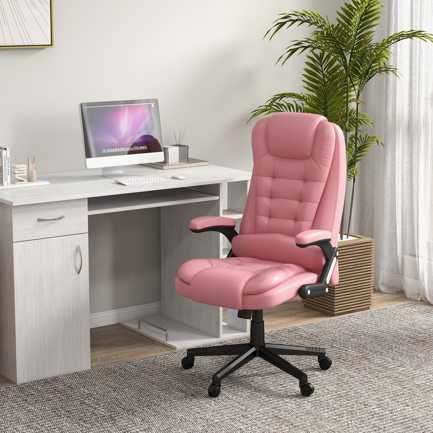 Pink PU Leather 360° Swivel High Back Office Recliner with Vibration Massage, Lumbar Heating, and Adjustable Height