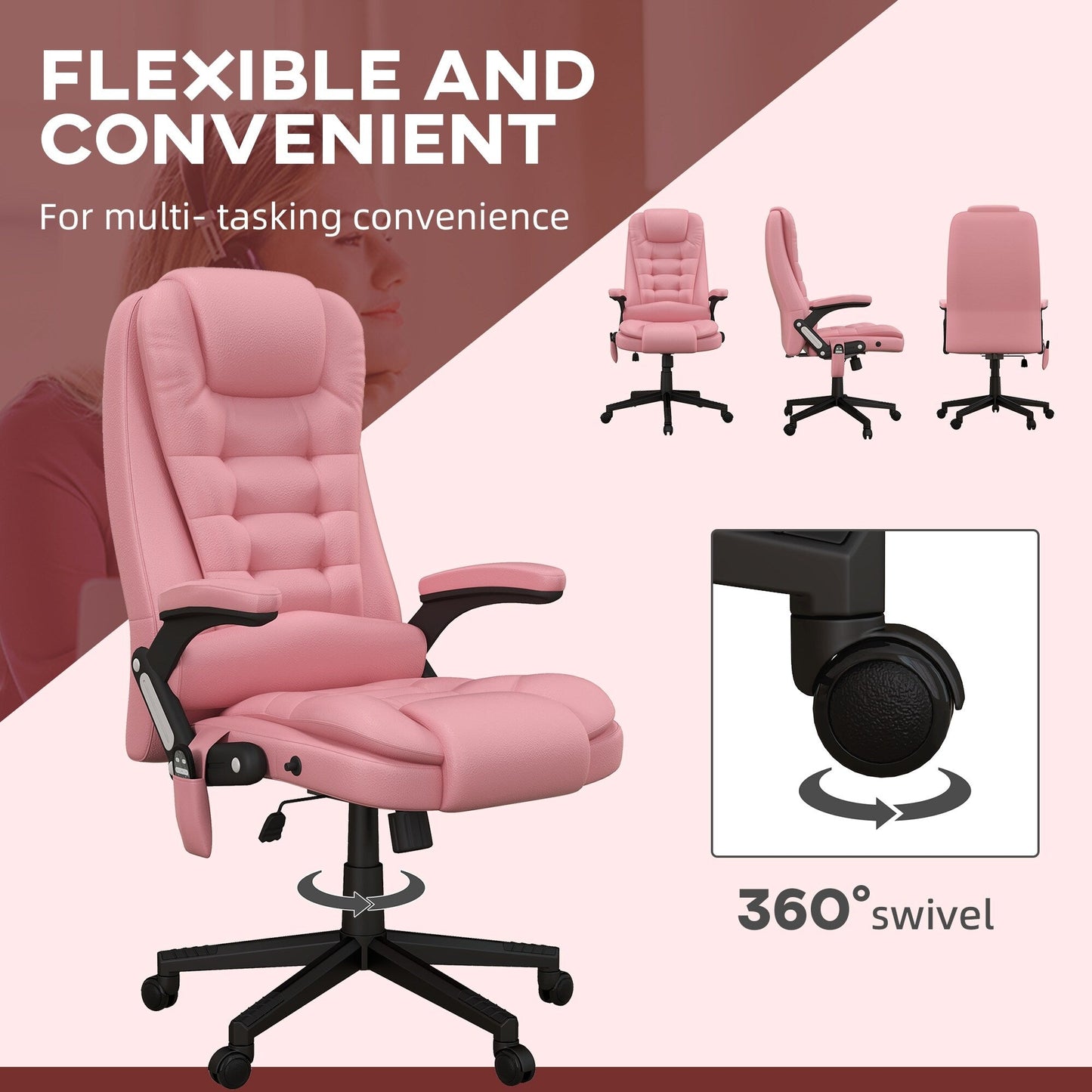 Pink PU Leather 360° Swivel High Back Office Recliner with Vibration Massage, Lumbar Heating, and Adjustable Height