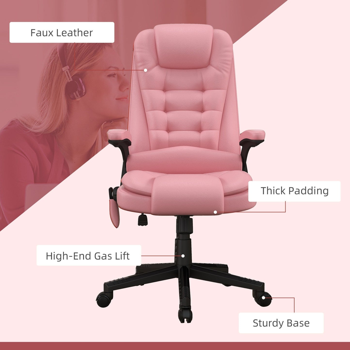 Pink PU Leather 360° Swivel High Back Office Recliner with Vibration Massage, Lumbar Heating, and Adjustable Height