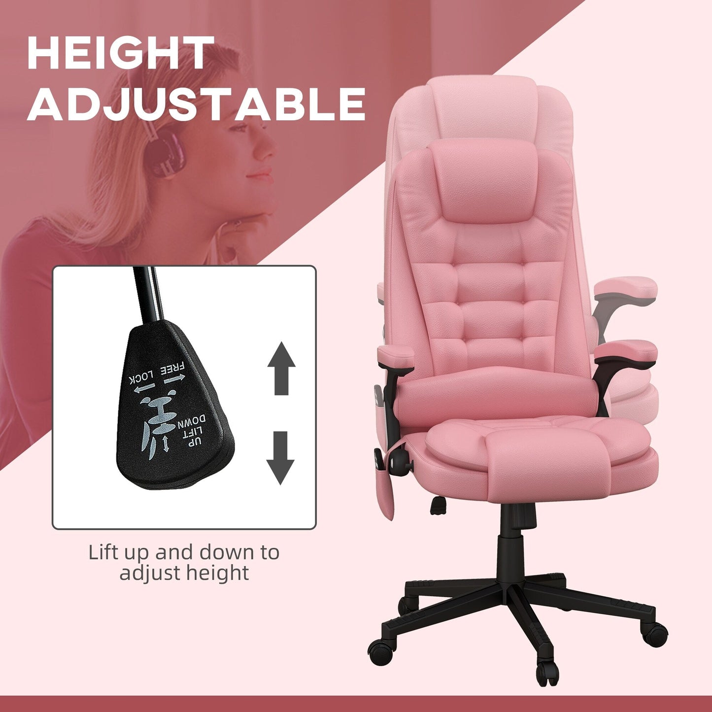 Pink PU Leather 360° Swivel High Back Office Recliner with Vibration Massage, Lumbar Heating, and Adjustable Height