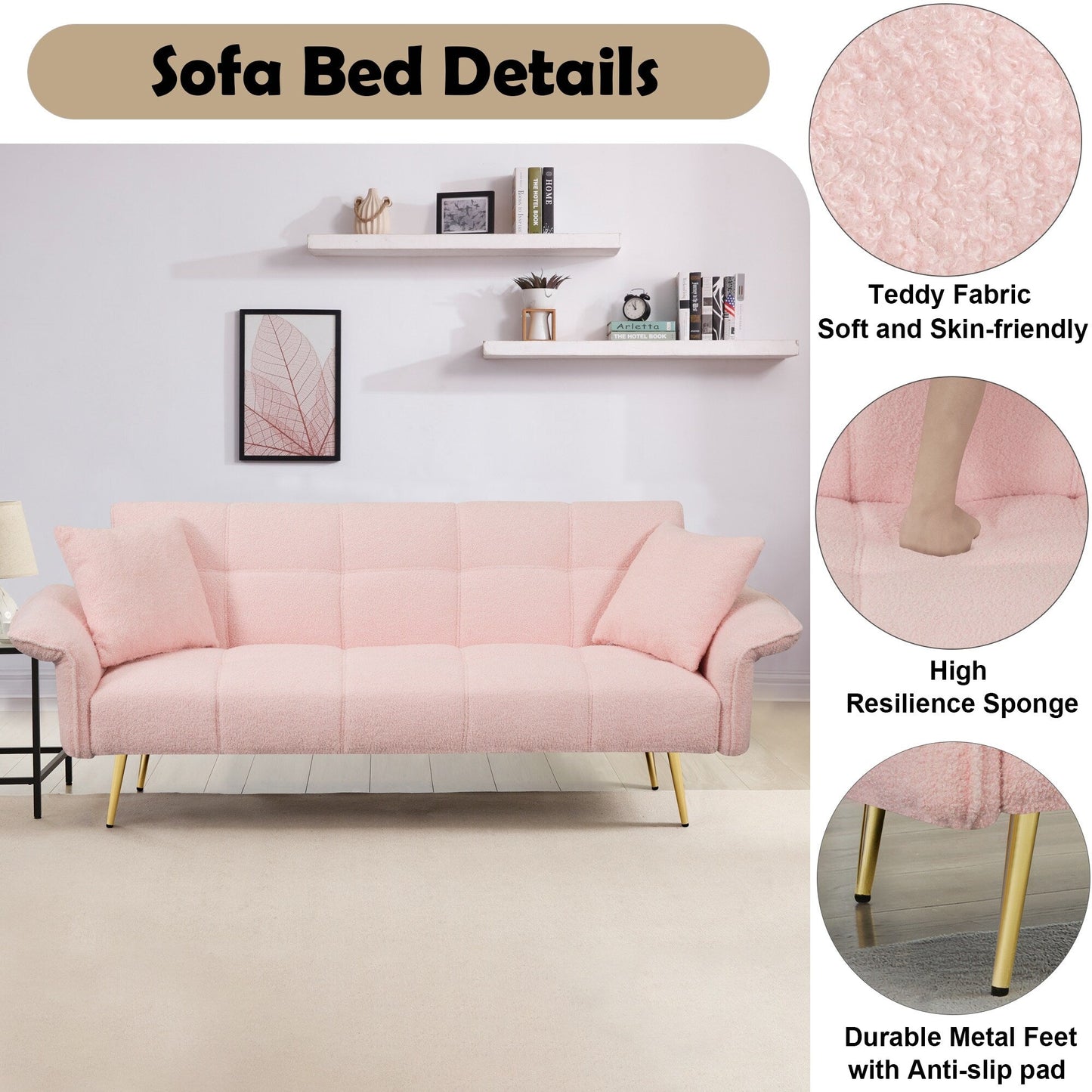 Pink Teddy Fleece Convertible Futon Sofa Bed