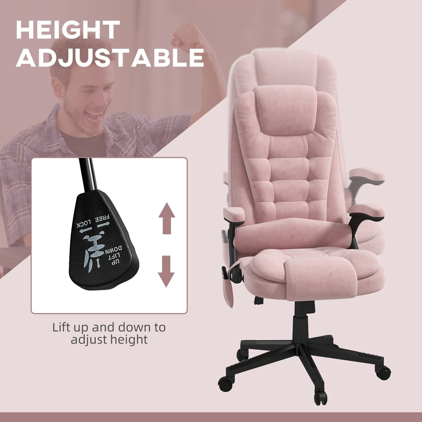 Pink Velvet 360° Swivel High Back Office Recliner with Vibration Massage, Lumbar Heating, Adjustable Height