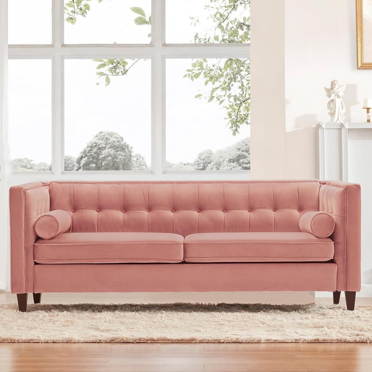 Pink Velvet Loveseat Button Tufted Sofa with Bolster Pillows