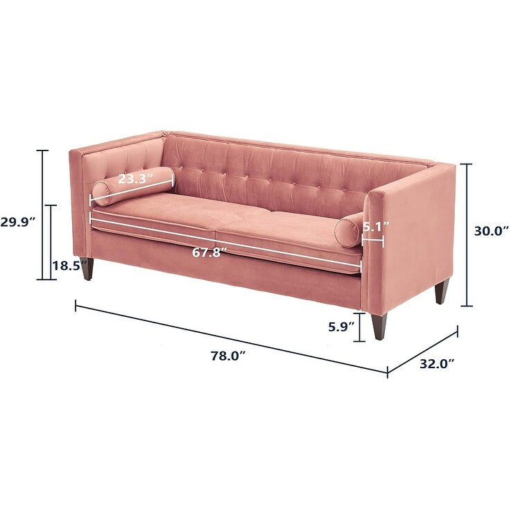 Pink Velvet Loveseat Button Tufted Sofa with Bolster Pillows