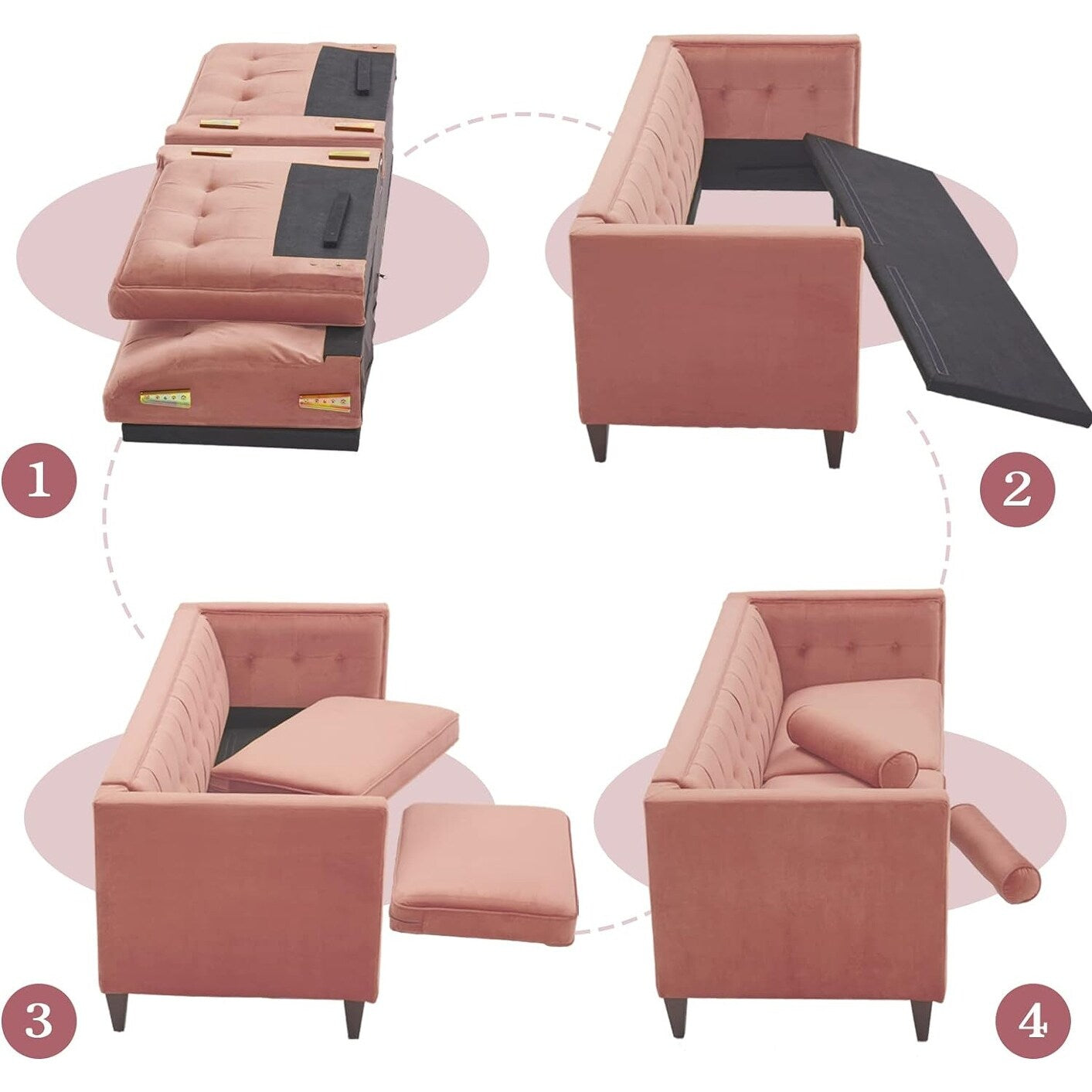 Pink Velvet Loveseat Button Tufted Sofa with Bolster Pillows