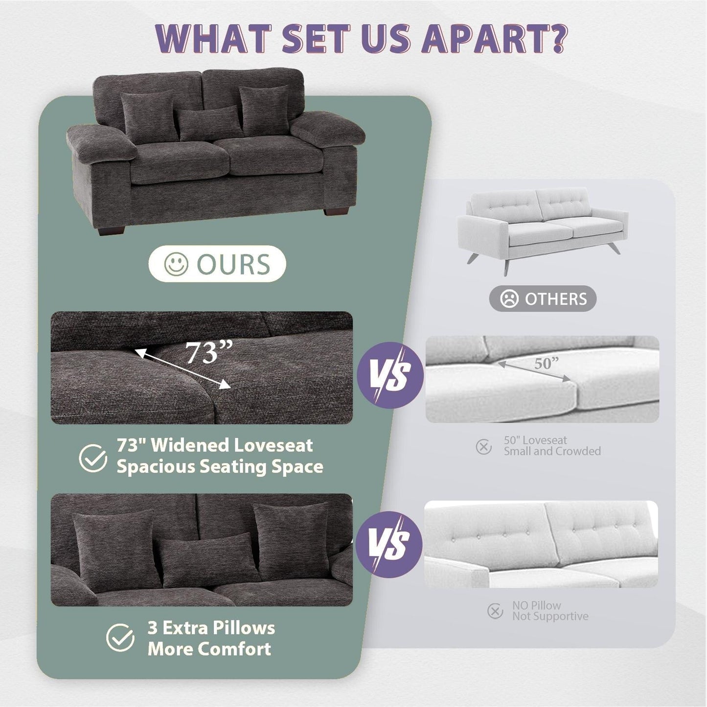 Plush Chenille Loveseat 73 - Includes Bonus 3 Pillows & Removable Back Cushion - Living Room 2-Seater Sofa
