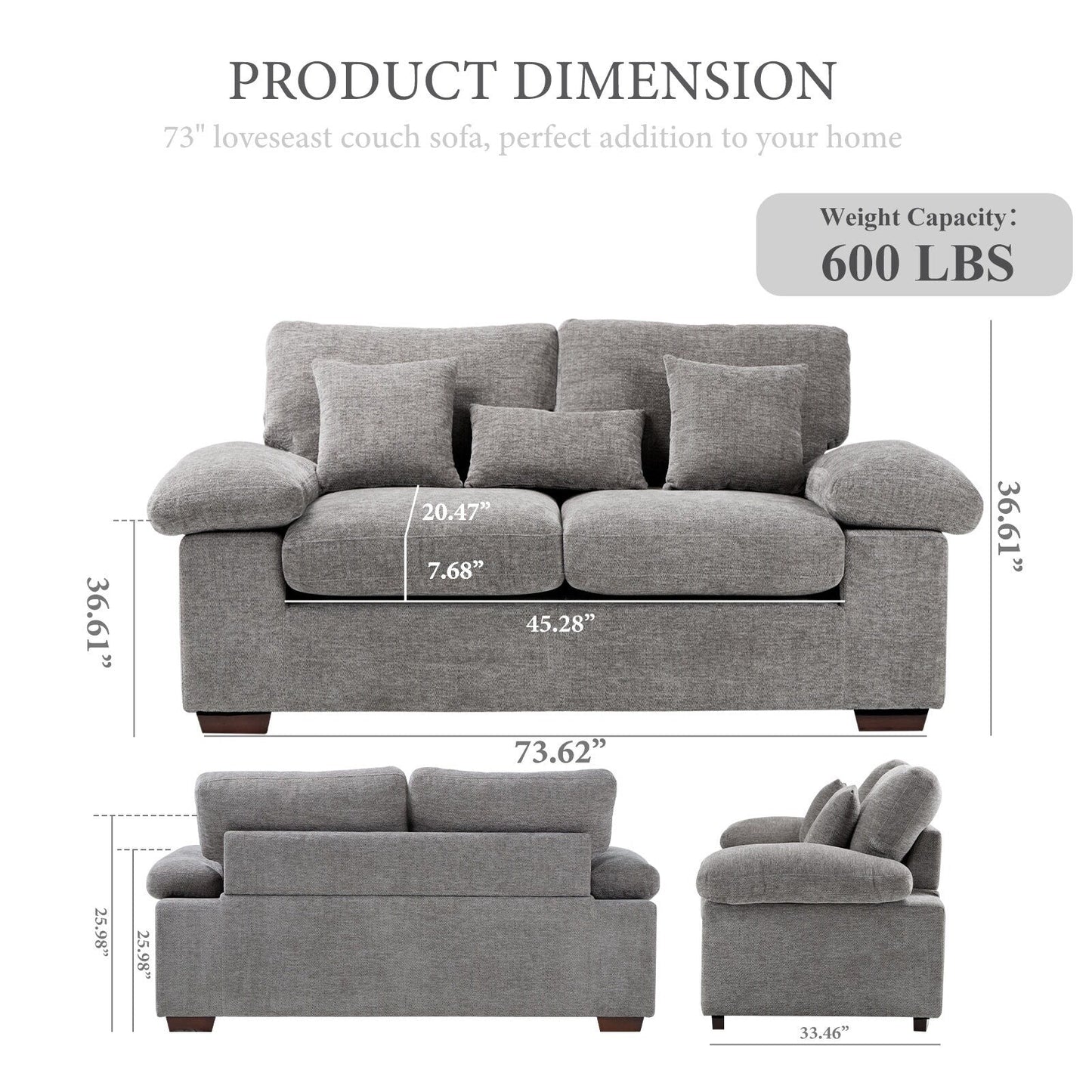 Plush Chenille Loveseat 73 - Includes Bonus 3 Pillows & Removable Back Cushion - Living Room 2-Seater Sofa