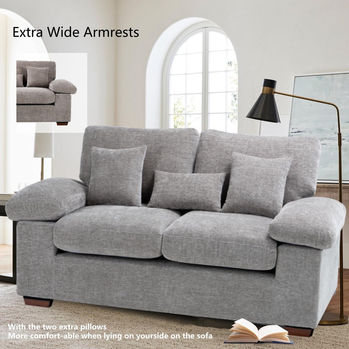 Plush Chenille Loveseat 73 - Includes Bonus 3 Pillows & Removable Back Cushion - Living Room 2-Seater Sofa