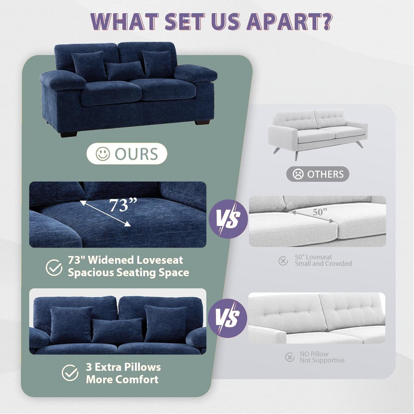 Plush Chenille Loveseat 73 - Includes Bonus 3 Pillows & Removable Back Cushion - Living Room 2-Seater Sofa