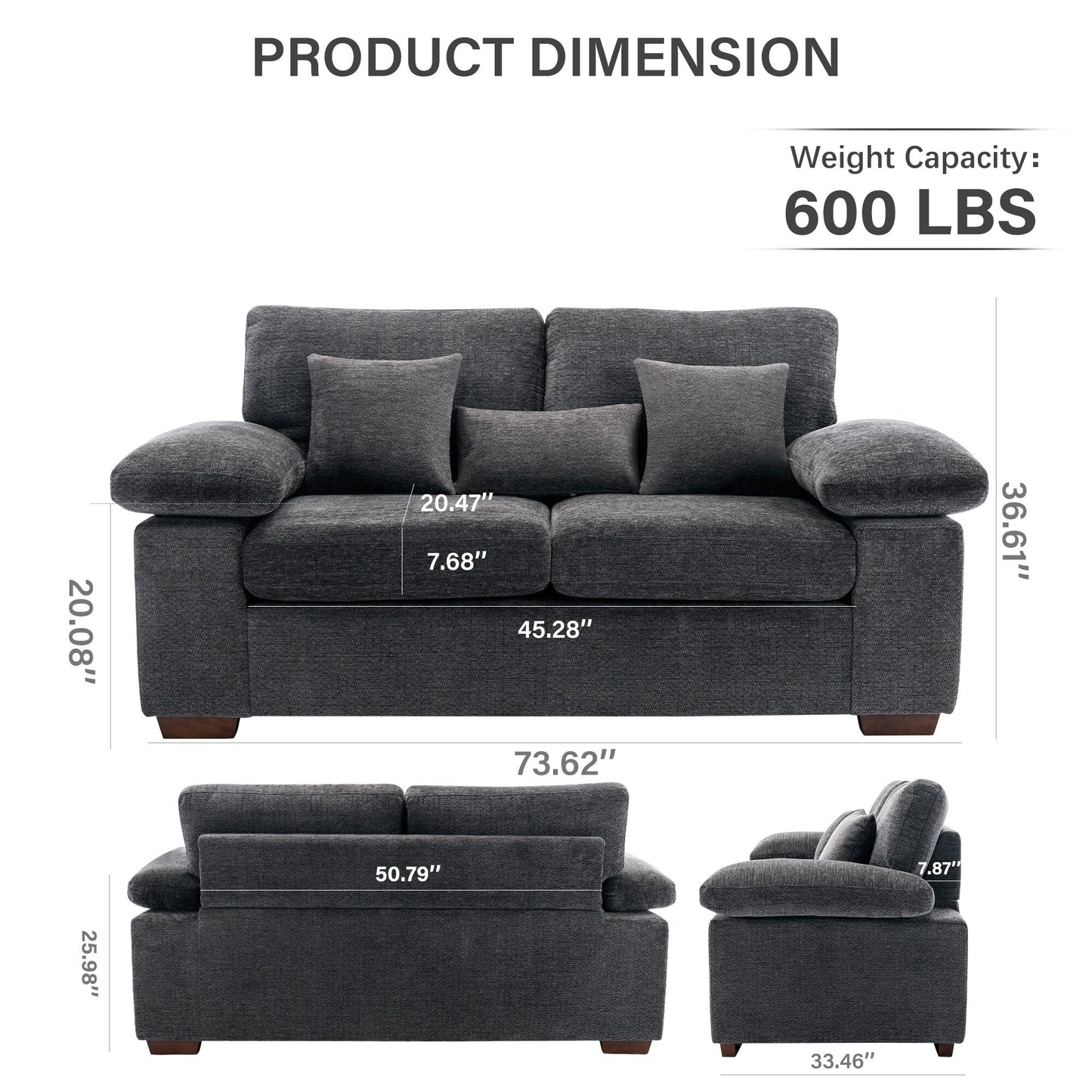 Plush Chenille Loveseat 73 - Includes Bonus 3 Pillows & Removable Back Cushion - Living Room 2-Seater Sofa